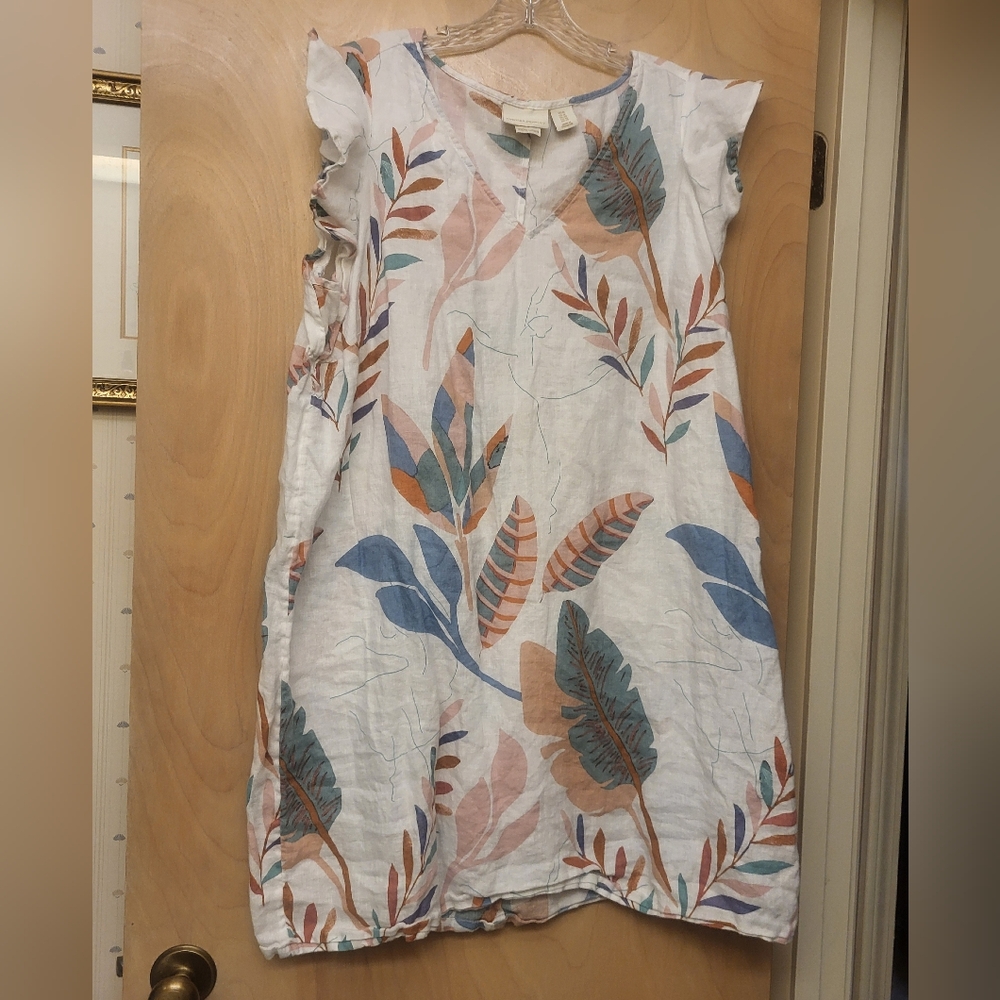 White Floral V Neck Linen Cynthia Rawley Beach Dress XL